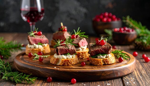 Gourmet appetizer platter with steak slices on crostini garnished with herbs and berries