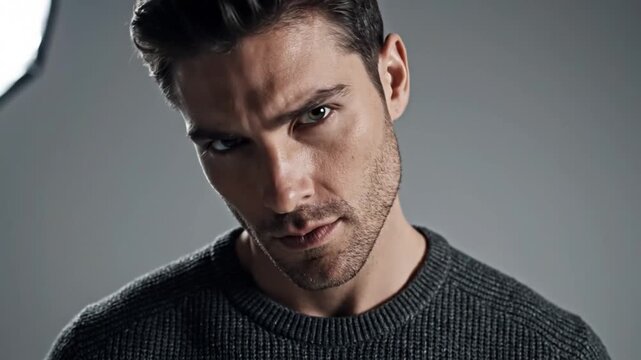 Intense man with piercing gaze in studio lighting