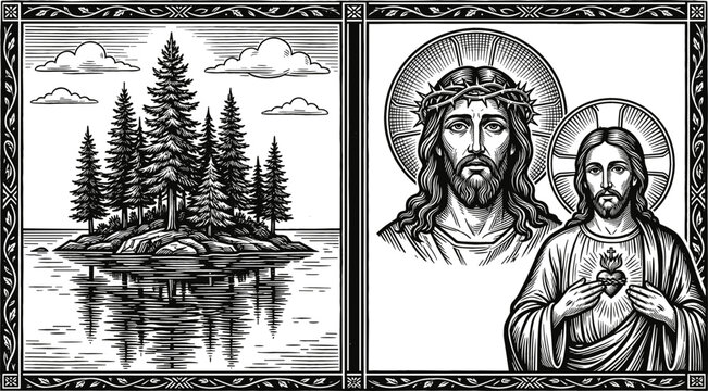 Jesus Christ portrait with crown of thorns and Sacred Heart alongside a serene pine island lake landscape linocut engraving vector illustration set