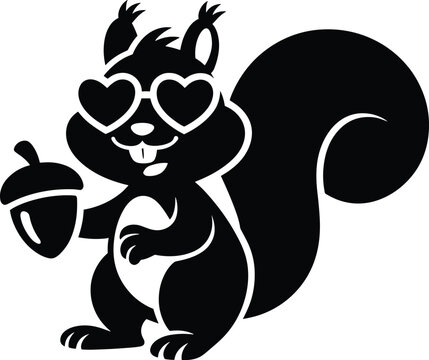 squirrel, black silhouette, heart-shaped sunglasses, acorn, cheerful, smiling, standing, white background, ani Black silhouette of a cheerful squirrel wearing heart-shaped sunglasses, holding an acorn