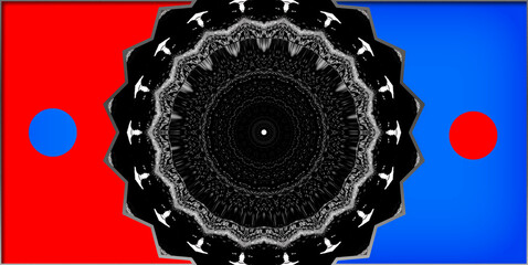 A finely detailed black mandala sits in perfect symmetry, glowing against a red and blue field where the colours push and pull, creating a striking sense of contrast and energy. © derek oldfield