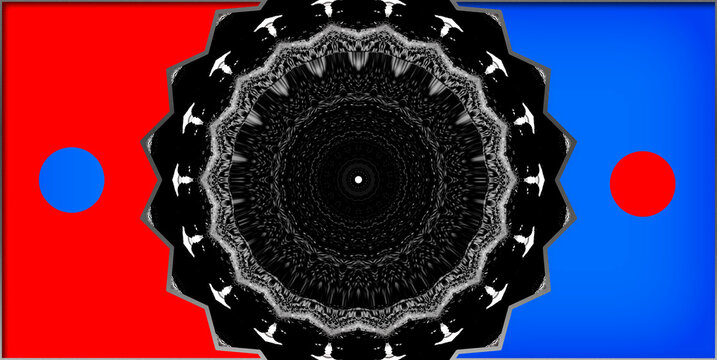 A finely detailed black mandala sits in perfect symmetry, glowing against a red and blue field where the colours push and pull, creating a striking sense of contrast and energy.