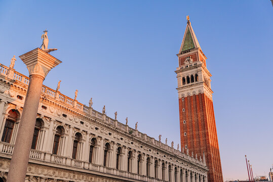 St Marks Campanile tower against blue sky in Venice,Italy.Venetian bell landmark