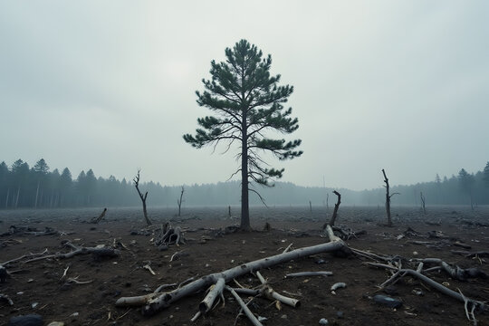 Deforestation lonely tree in devastated barren forest land