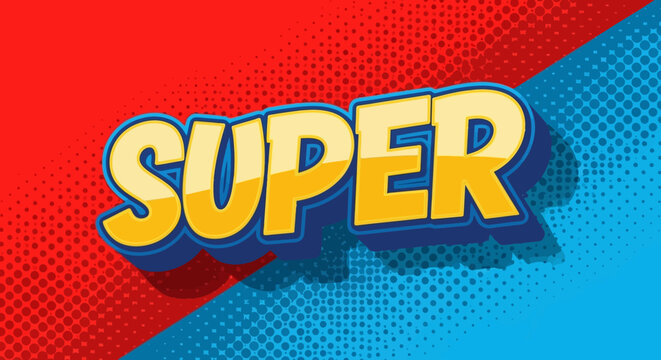 Comic book style 'SUPER' logo on red and blue background