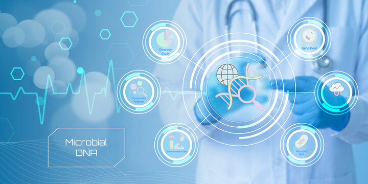 Modern medical illustration showing microbial DNA analysis and healthcare technology integration with futuristic elements
