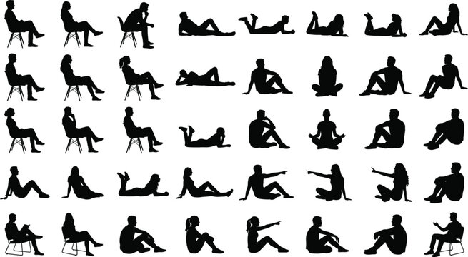 Set of sitting and lying people silhouettes including figures on chairs floor relaxing and meditating isolated on white background