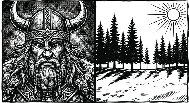 Viking warrior portrait with horned helmet and wild pine forest winter landscape under the sun hand drawn linocut vector illustration banner