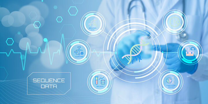 Modern medical professional analyzing genomic sequence data with futuristic technology and healthcare icons