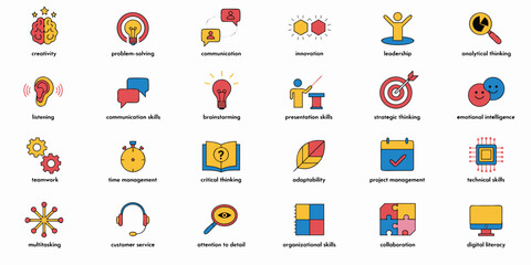 Naklejka premium Collection of flat icons representing business skills and concepts like creativity, teamwork, and communication.