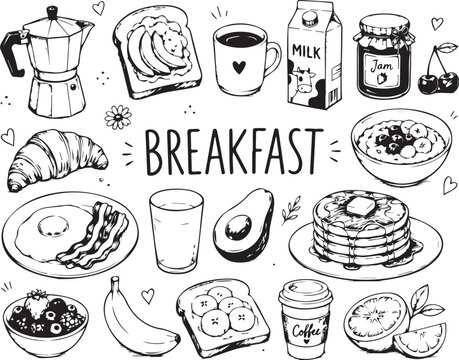 Hand drawn illustration featuring a collection of delicious breakfast food items and morning beverages arranged in a clean artistic style