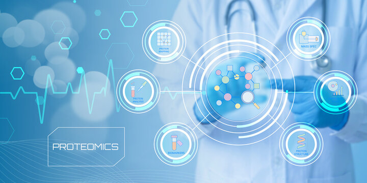 Modern medical proteomics research featuring advanced technology and scientific analysis tools