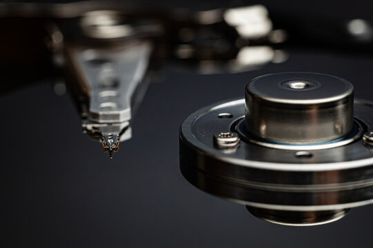 Data storage concept with hard disk drive close-up and copy space