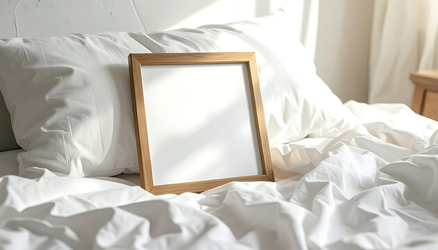 Blank wooden photo frame on rumpled white bed sheets with soft morning sunlight, ideal for mockups or personal decor