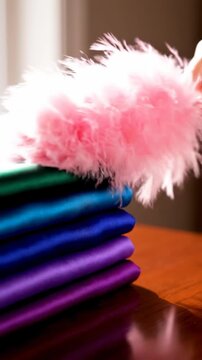 Stack of colorful folded fabric textiles on wooden table