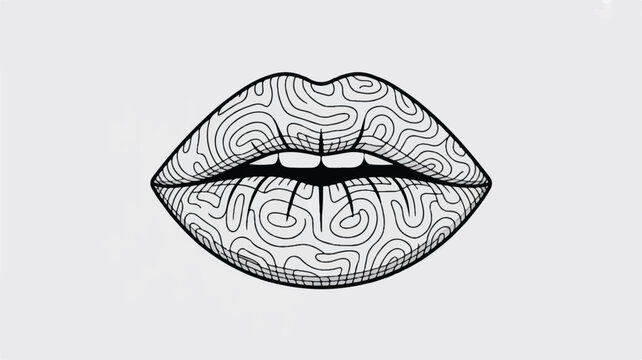 A black and white illustration of a pair of lips with a topographic pattern design
