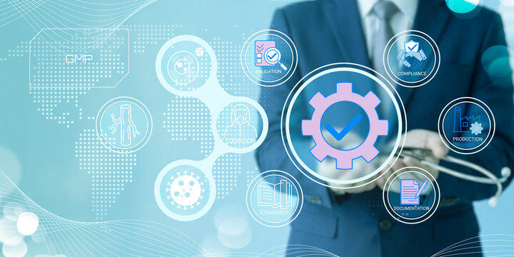 Professional using digital interface showcasing quality control and compliance processes in manufacturing or pharmaceutical industry