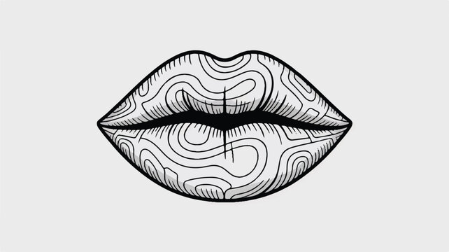 A black and white illustration of a pair of lips with a topographic pattern