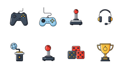 Gaming icons set controllers headset and dice © Guinever