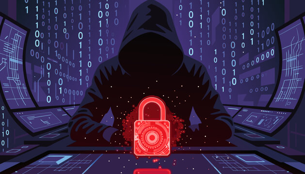 Anonymous hacker in hood with glowing red lock symbol against digital binary code background