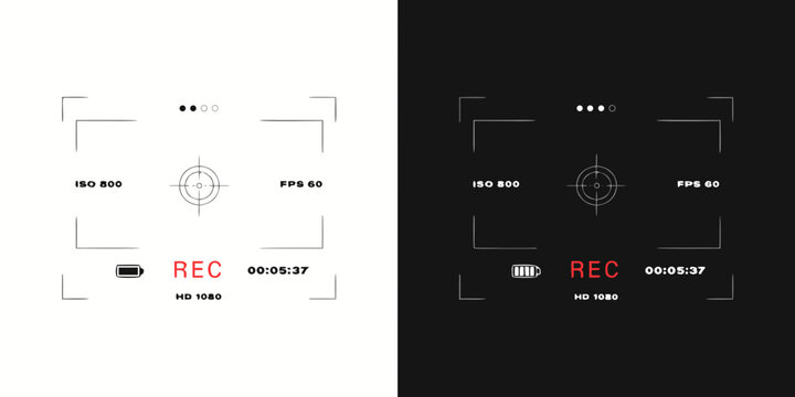 Camera viewfinder interface with REC indicator and battery status on white and black backgrounds