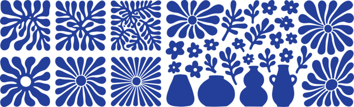 Collection of abstract blue floral shapes leaves and ceramic vases on white background