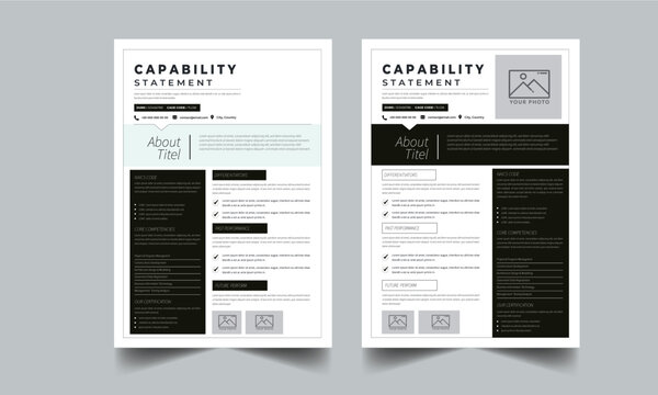 Capability Statement Design for Business Concept with Two Page Perfect Color Design Step Layout