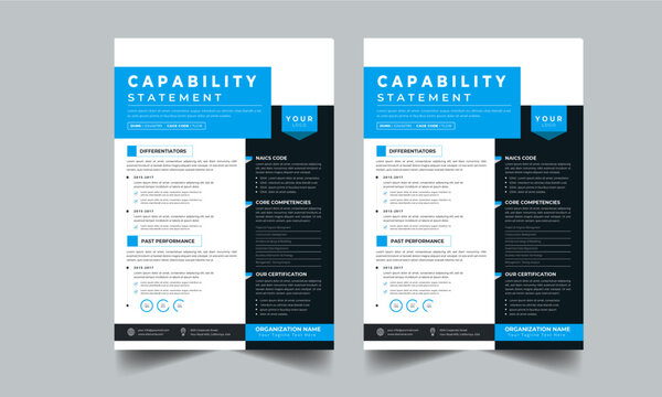 Capability Statement Design for Business Concept with Two Page Perfect Color Design Step Layout