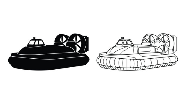 Hovercraft silhouette and line drawing on white background