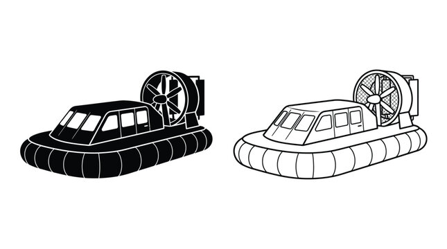 Hovercraft silhouette and outline drawing on white background