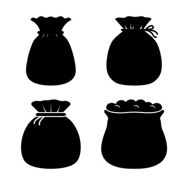 Four black drawstring bags with coins illustration - Simple vector illustration showing four drawstring bags filled with coins in a clean and minimalist style.