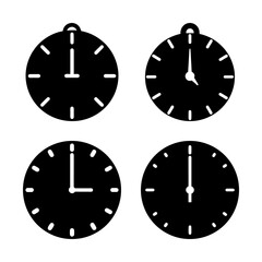 Fototapeta premium Four black analog clocks with different times - Minimalist vector illustration showing four analog clocks with distinct times in a clean, black-and-white design.