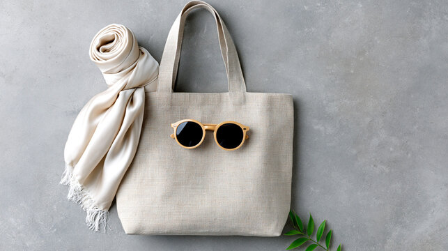 Minimalist fashion accessories with canvas tote bag scarf and sunglasses on neutral background, sustainable lifestyle flat lay with copy space
