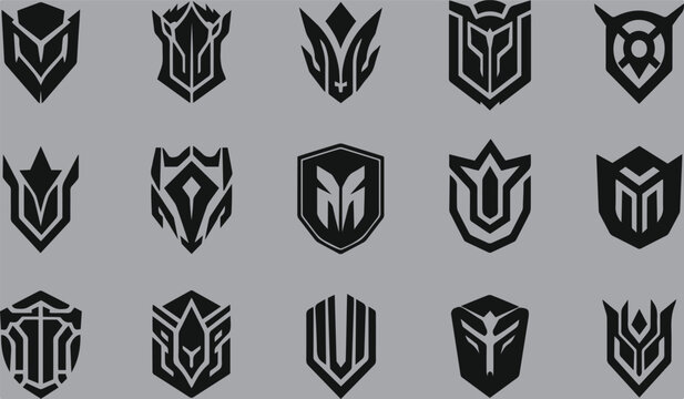 Shield Insignia Collection: A stylized collection of modern shield insignia, emblems, and crests, presented in a minimalist monochrome aesthetic on a neutral background.