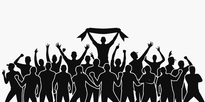 Crowd of cheering fans holding a banner during a celebration against a white background