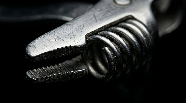  Macro photography of precision orthodontic pliers holding a stainless steel coil spring on black background highlighting professional dental tools used for tooth movement and alignment procedures tod