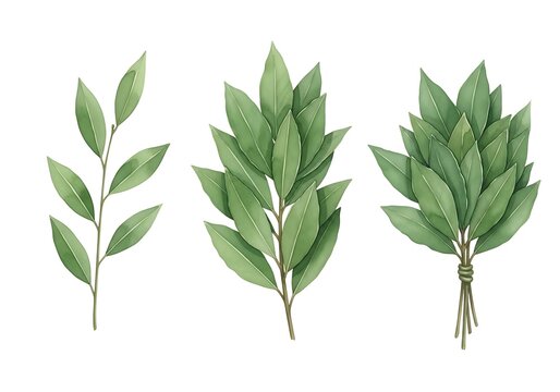 Fresh green bay leaves bundle and individual sprigs illustration