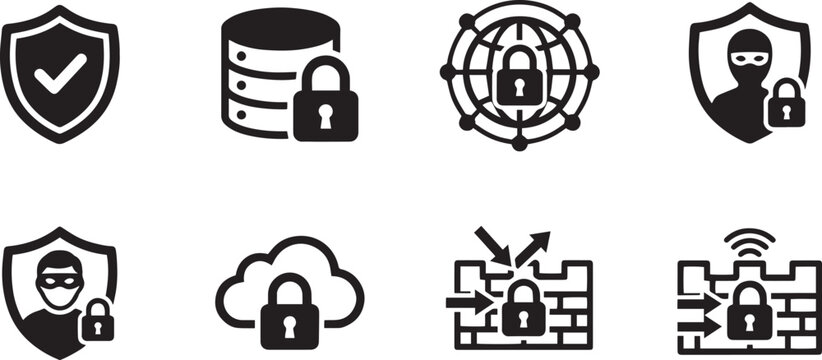 Cybersecurity and Hacker Protection Icon Set with Shield Server Lock Global Network Cloud Firewall and Thief Mask Solid Glyph Vector Design