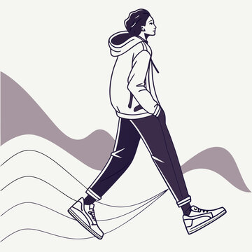 Woman walking in casual hoodie and sweatpants with flowing background design