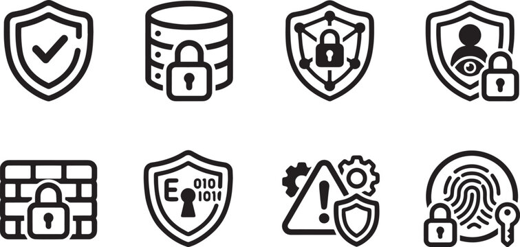 Cybersecurity and Data Protection Icon Set with Shield Server Lock Network Firewall Encryption Binary Code Warning Alert and Fingerprint Scanner Outline Design