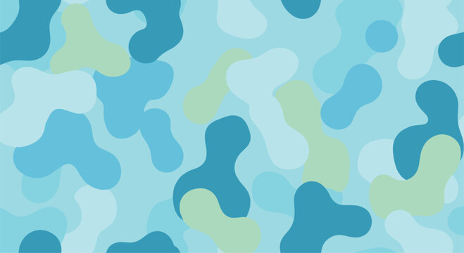 Simple camouflage like pattern with rounded organic shapes in shades of blue and light green for backgrounds and surface design.