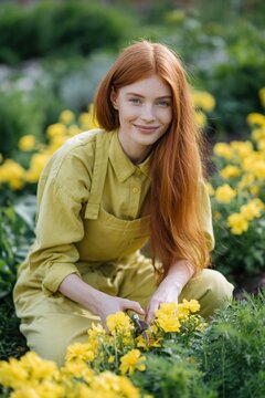 Woman tending flowers while kneeling in garden