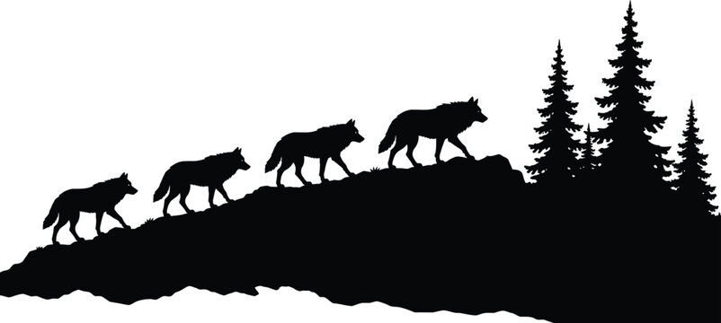 Wolf pack silhouette with pine trees against white background