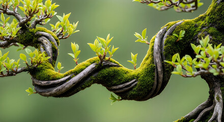 Obraz premium Twisted bonsai tree with green leaves against blurred nature background