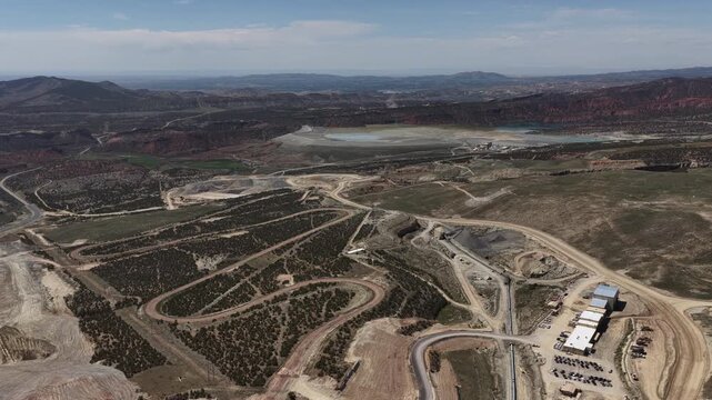 Aerial of highway 191 with mining operations in Vernal Utah in high desert