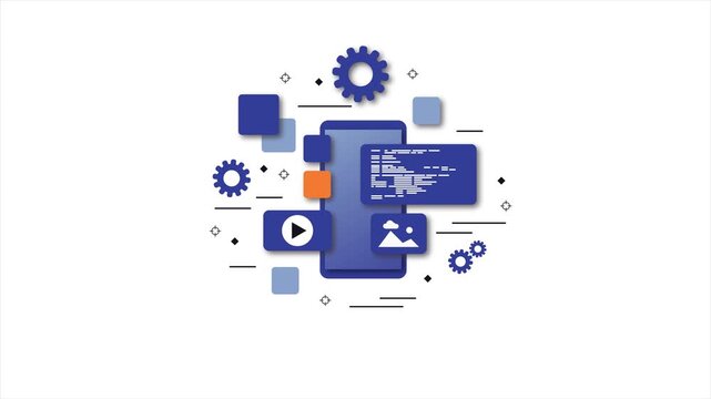 Responsive Mobile App Development and UI Design Animation: Smartphone with Floating Code, Media, and Gear Icons, Seamless Loop for Technical Software Solutions.