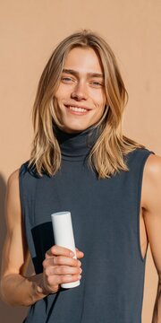 Young woman smiling holding container against neutral background
