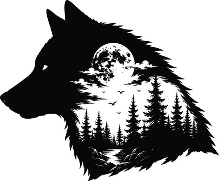 Wolf head silhouette with moon and forest landscape