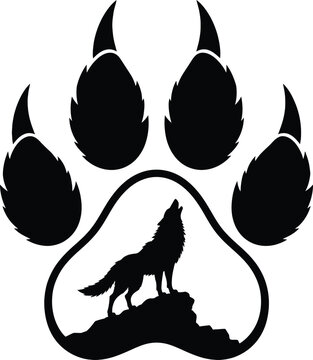 Wolf paw print silhouette with howling wolf illustration
