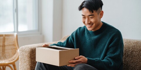 Naklejka premium Young man smiling while opening cardboard box in living room